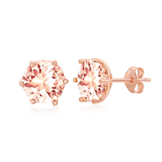 Sterling Silver Six-Prong 8mm Round Morganite CZ Stud Earrings - Rose Gold Plated