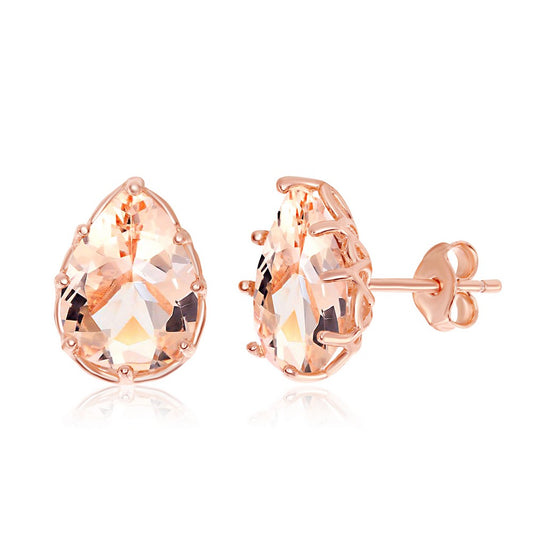 Sterling Silver Eight-Prong Pear-Shaped Morganite CZ Stud Earrings - Rose Gold Plated