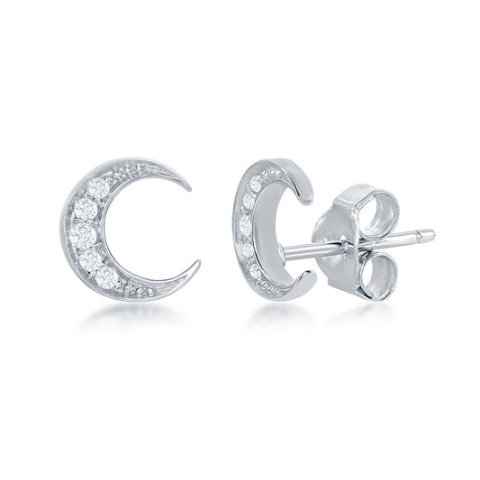 Sterling Silver Cubic Zirconia Small Crescent Moon Stud Earrings