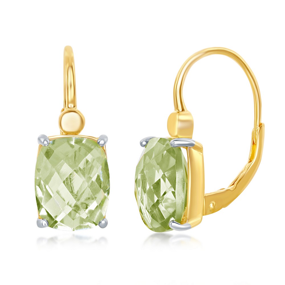 Sterling Silver Four-Prong Checkered 4.904cttw Gem Gold Plated Earring - Green Amethyst