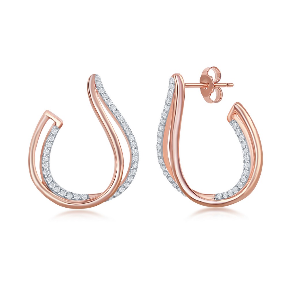 Sterling Silver Micro Pave Double J-Design Earings - Rose Gold Plated
