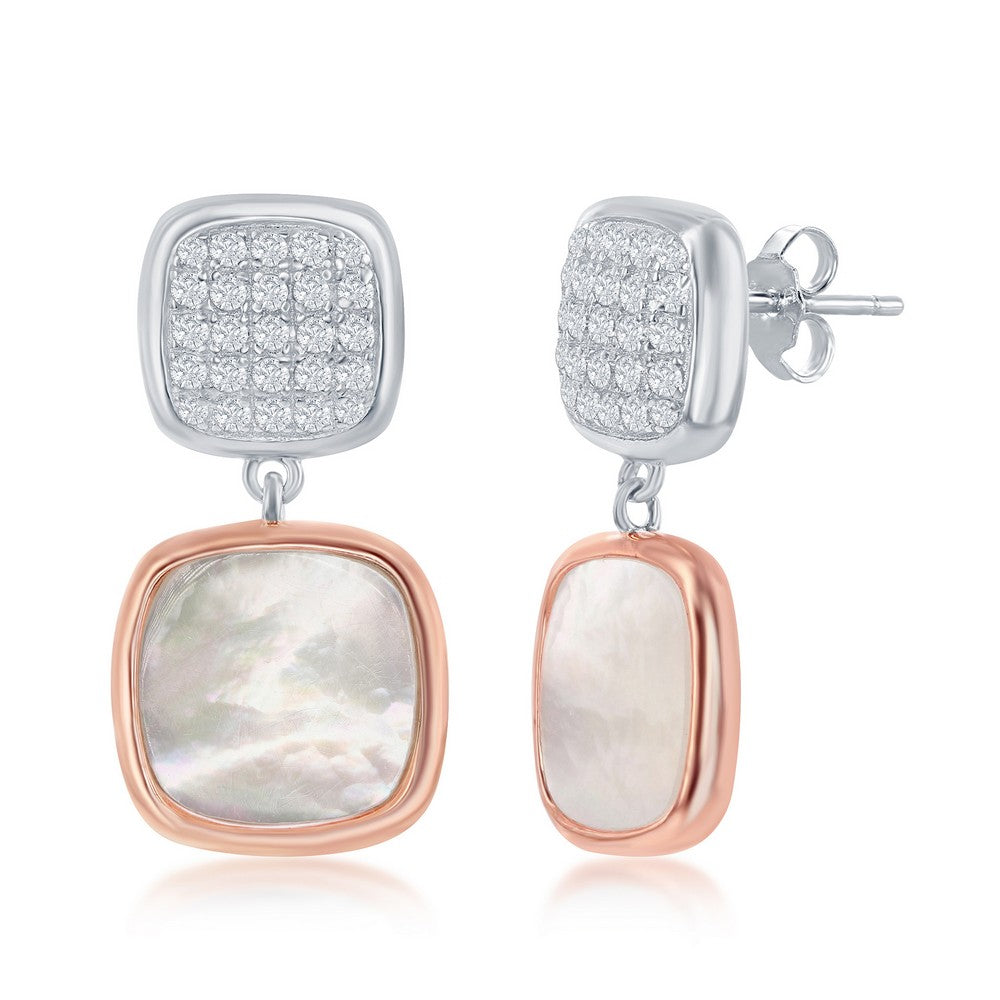 Sterling Silver Micro Pave and Mother of Pearl Square Earrings - Rose Gold Plated