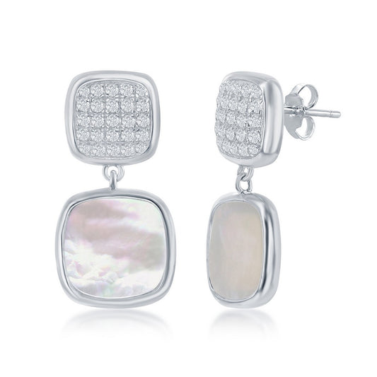 Sterling Silver Micro Pave and Mother of Pearl Square Earrings