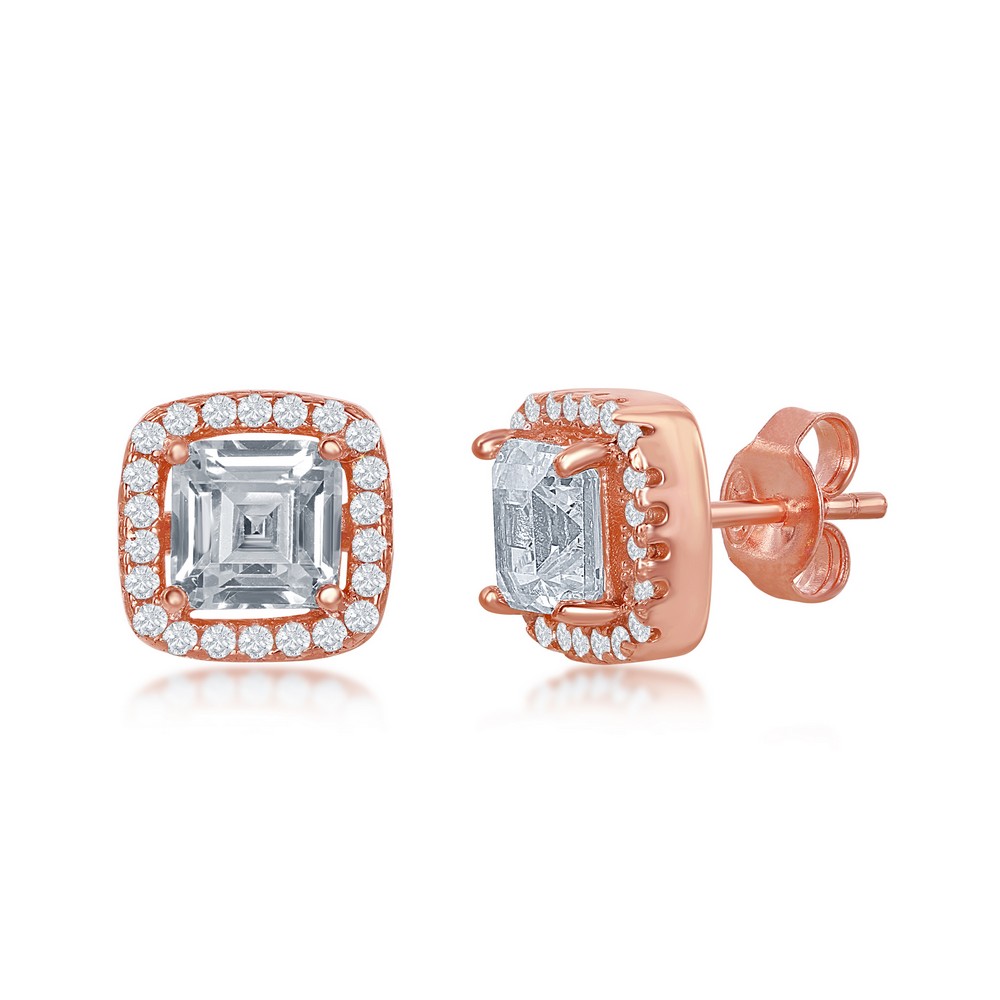 Sterling Silver Double Square CZ Stud Earrings - Rose Gold Plated