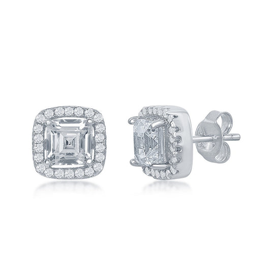 Sterling Silver Double Square CZ Stud Earrings