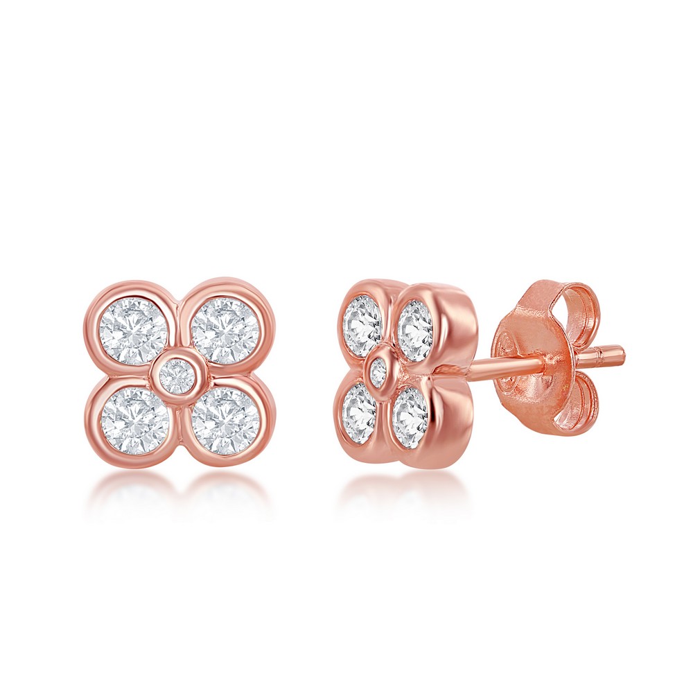 Sterling Silver Small Flower CZ Stud Earrings - Rose Gold Plated