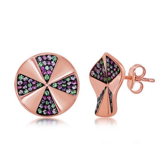 Sterling Silver Rainbow CZ Designed Disc Stud Earrings - Rose Gold Plated