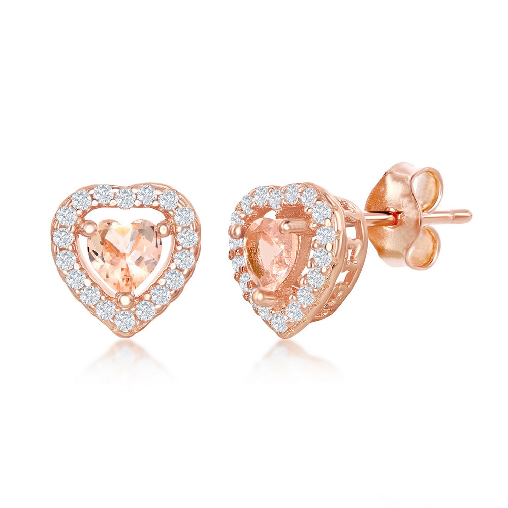 Sterling Silver Heart Morganite CZ with White CZ Border Stud Earrings - Rose Gold Plated