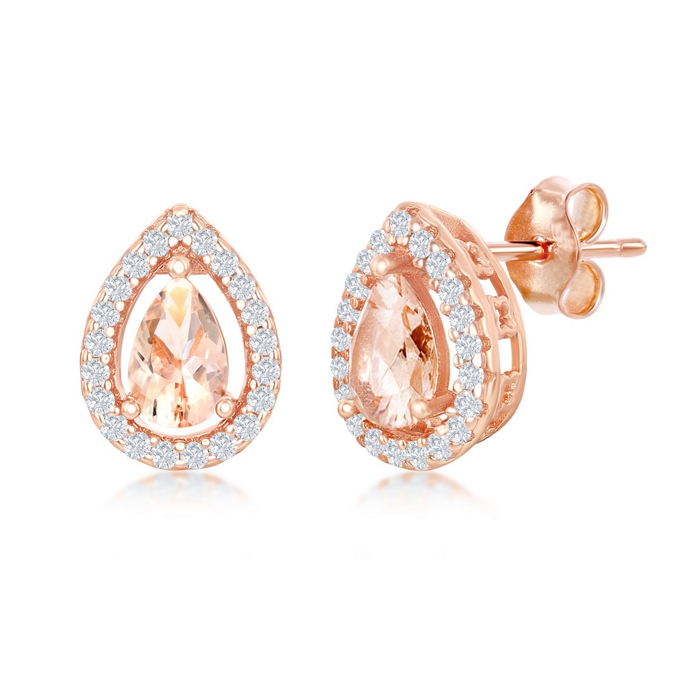 Sterling Silver Pear-Shaped Morganite CZ with White CZ Border Stud Earrings - Rose Gold Plated