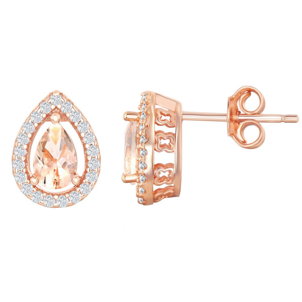 Sterling Silver Pear-Shaped Morganite CZ with White CZ Border Stud Earrings - Rose Gold Plated