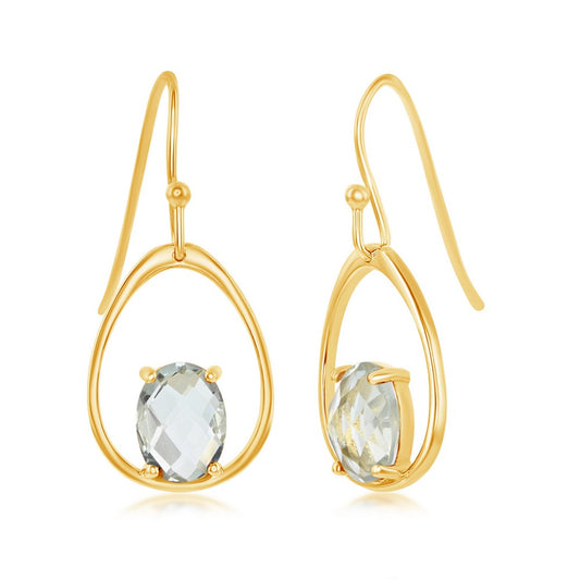 Sterling Silver, Pear-Shaped, Four-Prong Green Amethyst Earrings - Gold Plated