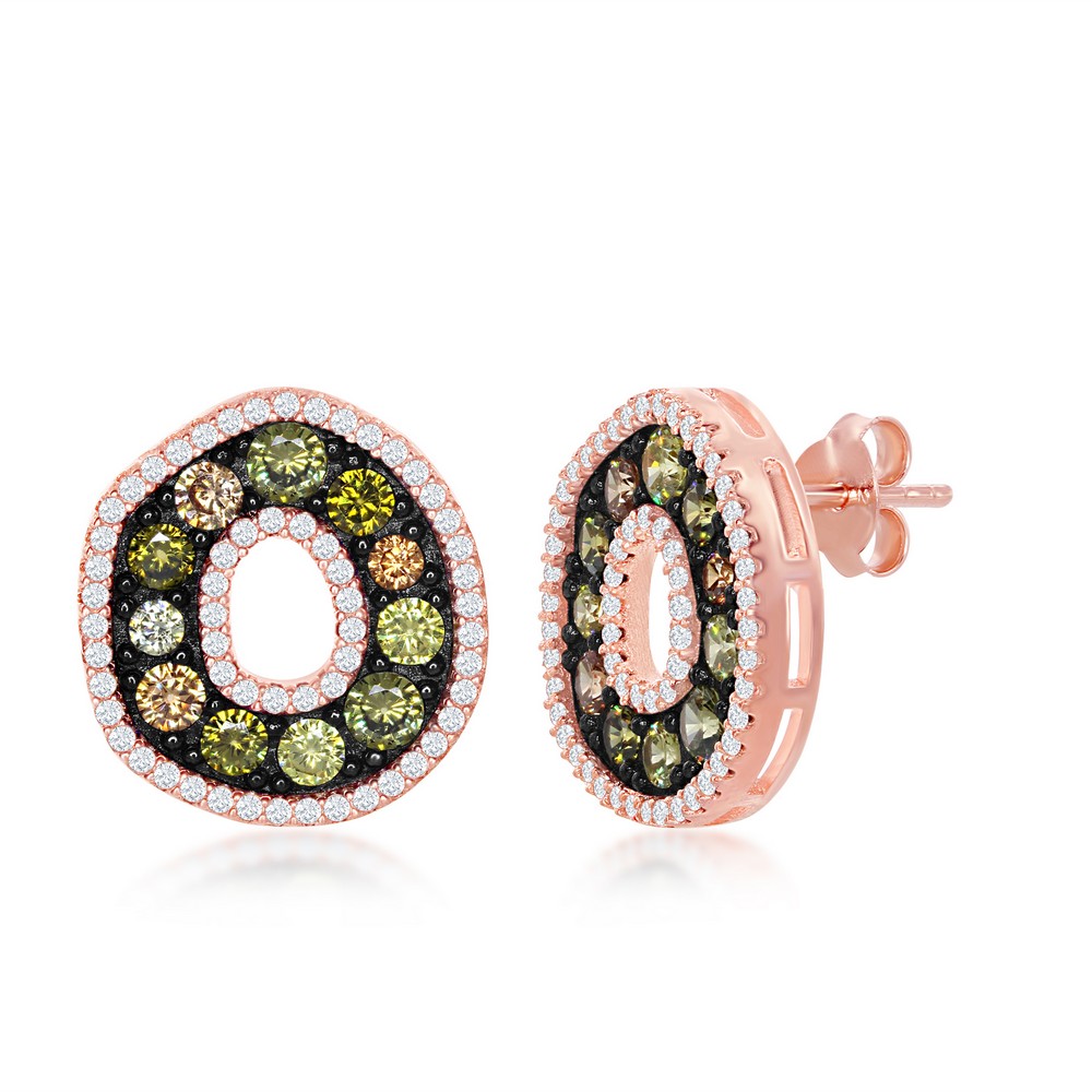 Sterling Silver Rose Gold with White, Champagne & Yellow CZ With  Black Plating Round Earrings