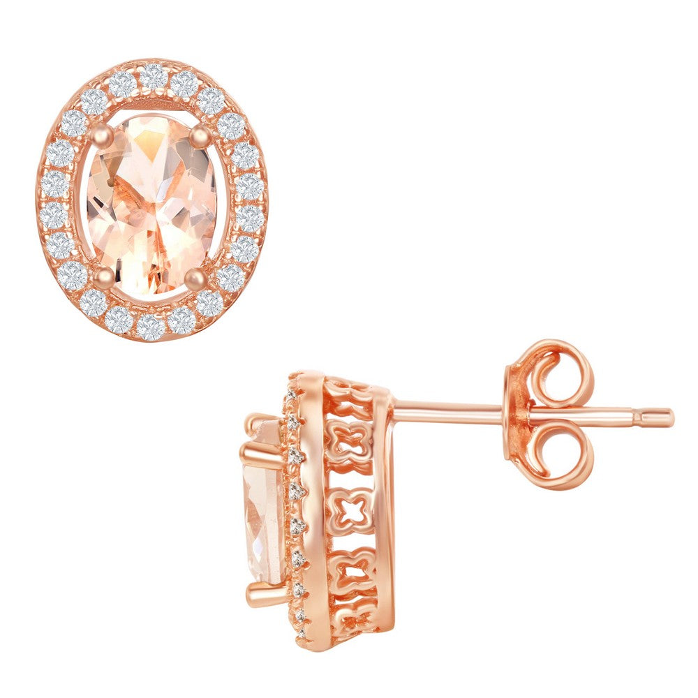 Sterling Silver Oval Morganite CZ with White CZ Border Stud Earrings - Rose Gold Plated
