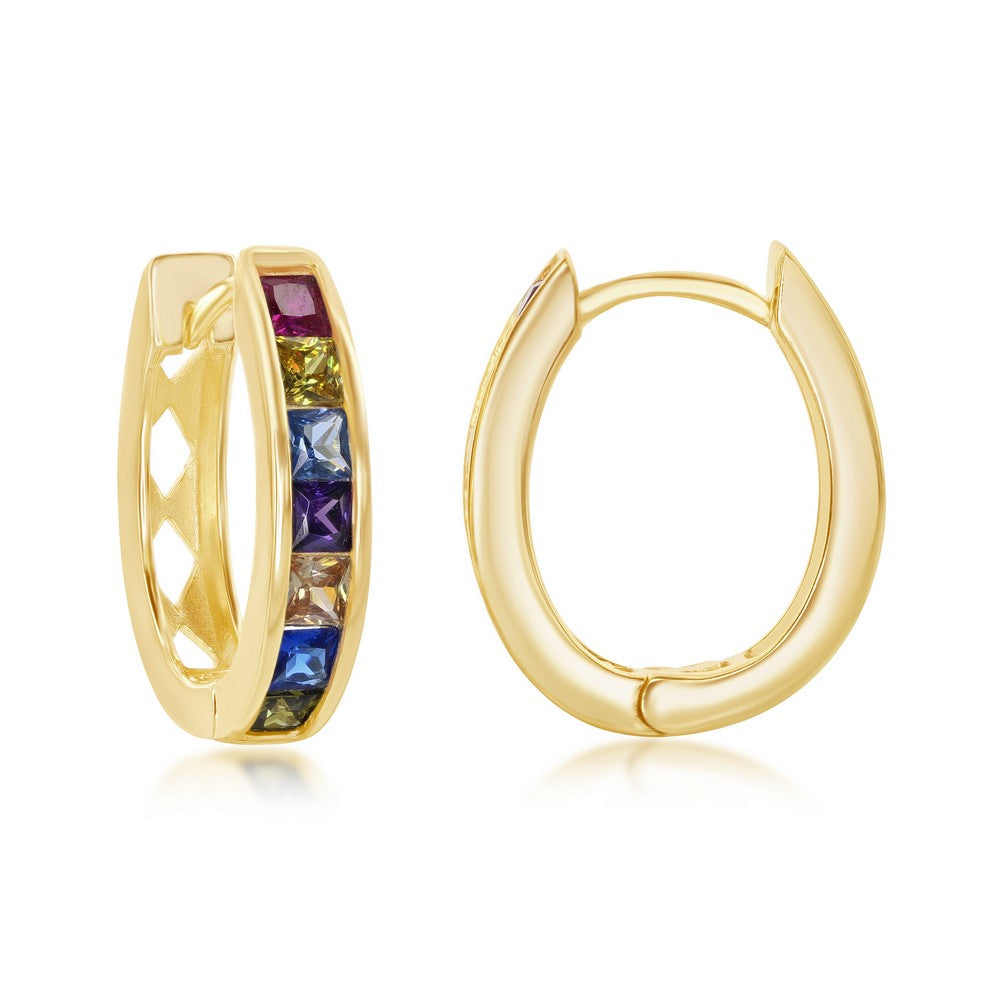 Sterling Silver Channel-Set Rainbow CZ Oval Hoops - Gold Plated