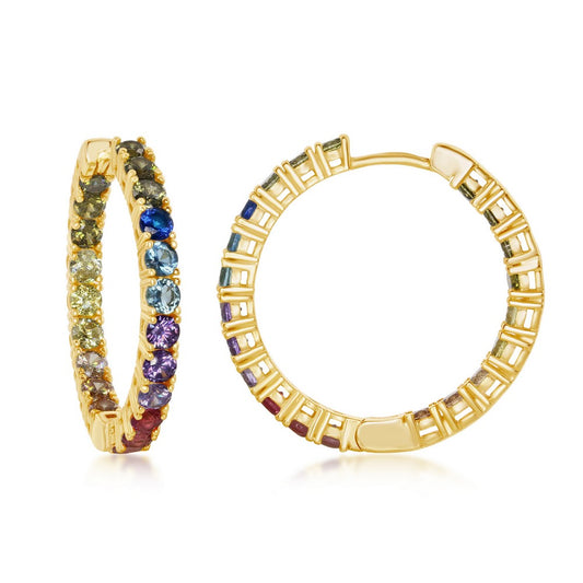 Sterling Silver In-and-Out, Rainbow CZ, 3x30mm Hoop Earrings - Gold Plated