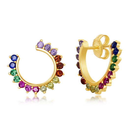 Sterling Silver Rainbow CZ Open Hoop Stud Earrings - Gold Plated