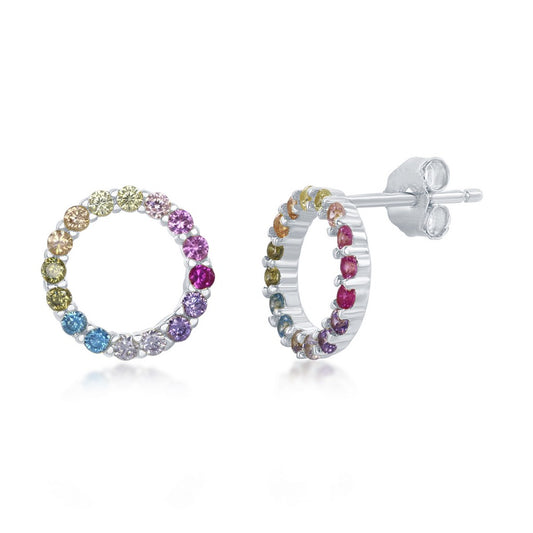 Sterling Silver Rainbow CZ Open Circle Stud Earrings