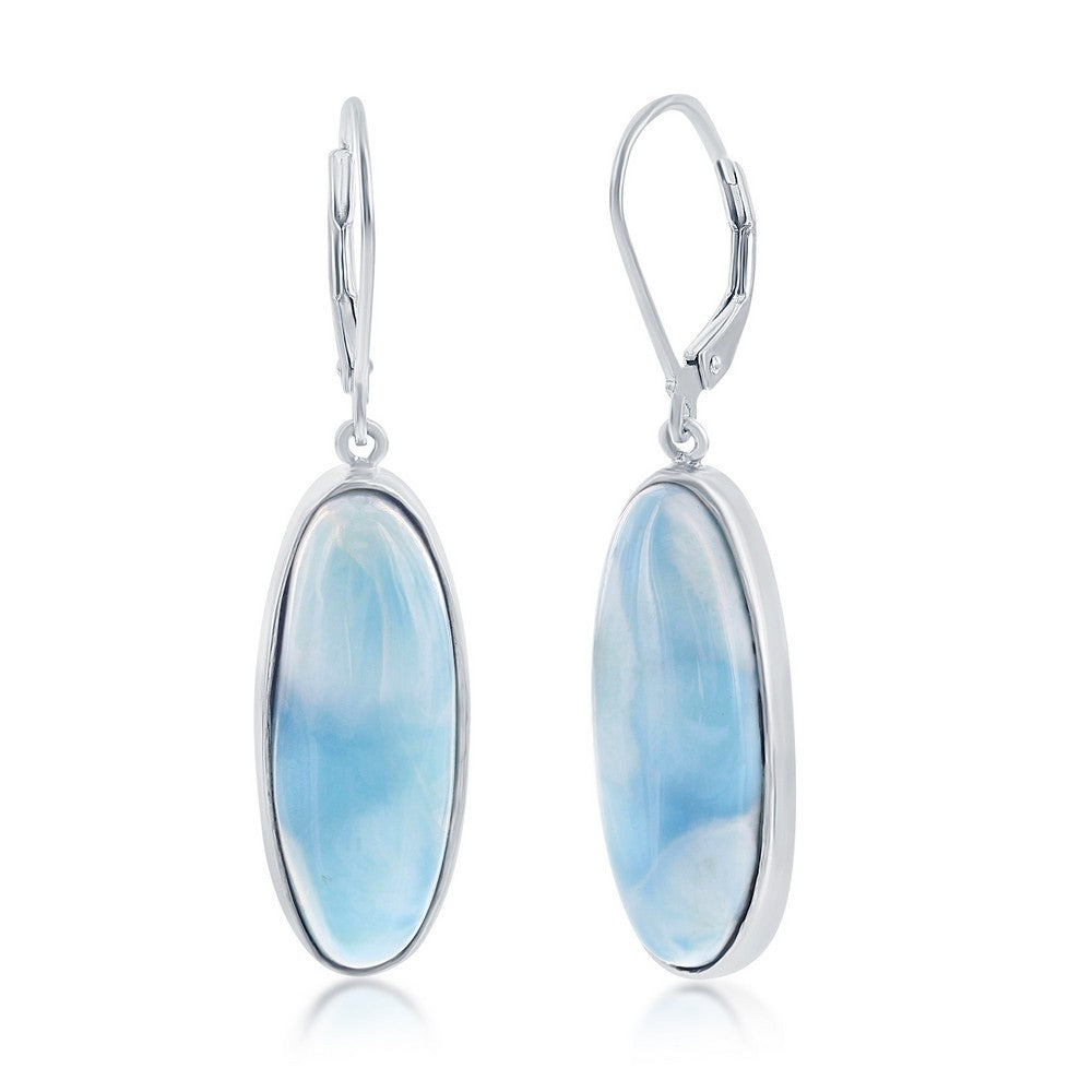 Sterling Silver Bezel-Set Oval Larimar Dangling Leverback Earrings