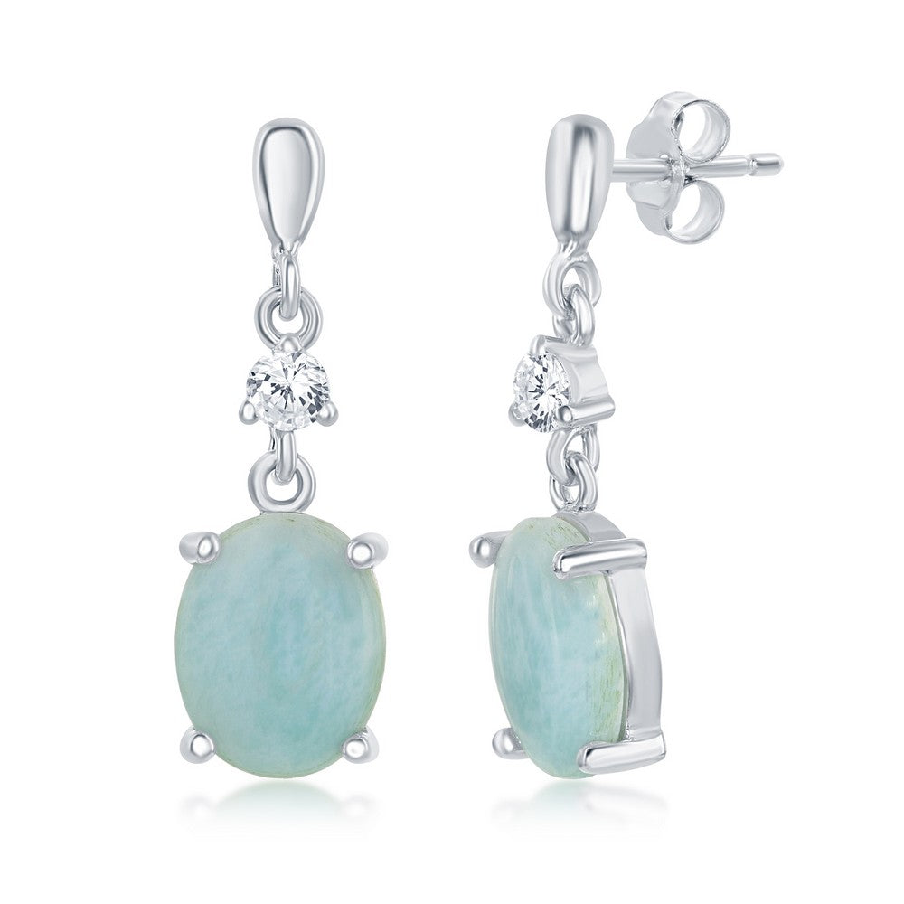 Sterling Silver Four-Prong Oval Larimar with CZ Dangle Earrings