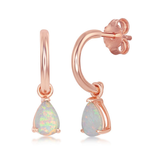 Sterling Silver Pear-Shaped White Inlay Opal Open Hoop Earrings - Rose Gold Plated