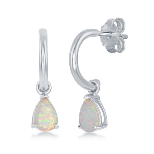 Sterling Silver Pear-Shaped White Inlay Opal Open Hoop Earrings