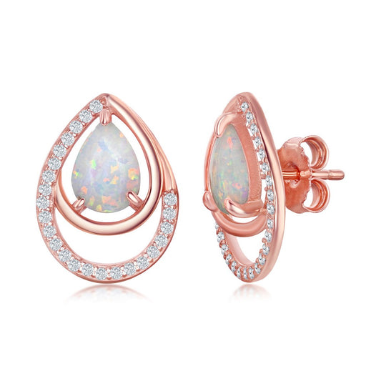 Sterling Silver CZ Double Pear-Shaped White Opal Earrings -  Rose Gold Plated