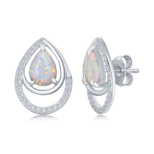 Sterling Silver CZ Double Pear-Shaped White Opal Earrings