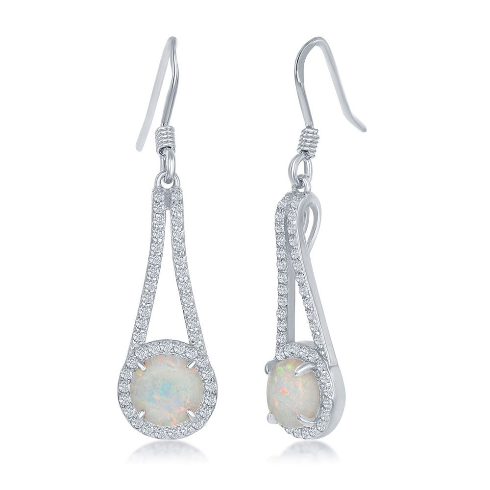 Sterling Silver Round White Opal with CZ Halo Long Earrings