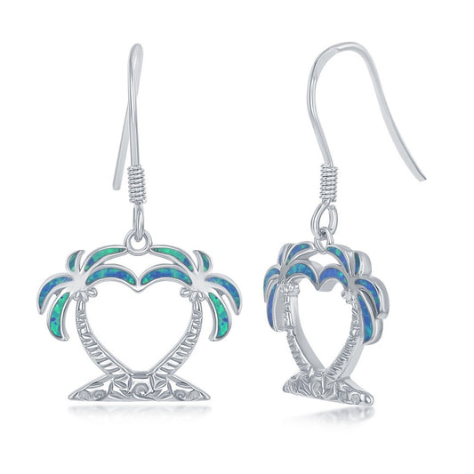 Sterling Silver Blue Inlay Opal Two Palm Trees Heart Earrings