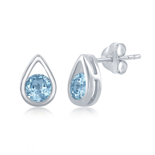 Sterling Silver Pearshaped Earrings With Round Gemstone Stud - Blue Topaz