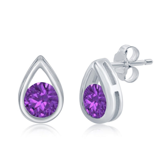 Sterling Silver Pearshaped Earrings With Round February Birthstone Gemstone Studs - Amethyst