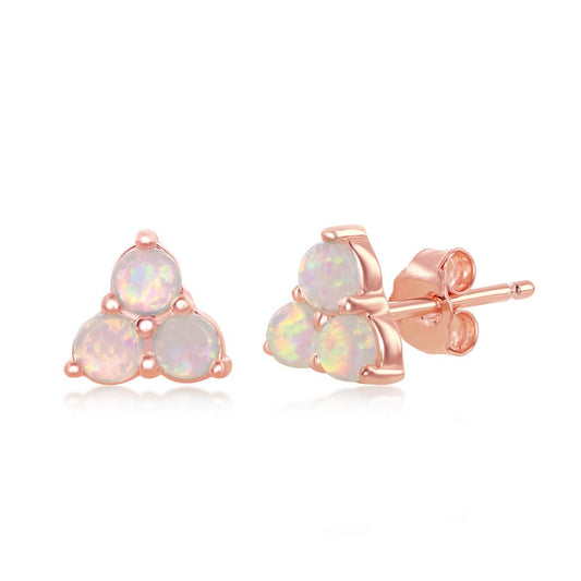 Sterling Silver Triple White Opal Cluster Stud Earrings - Rose Gold Plated