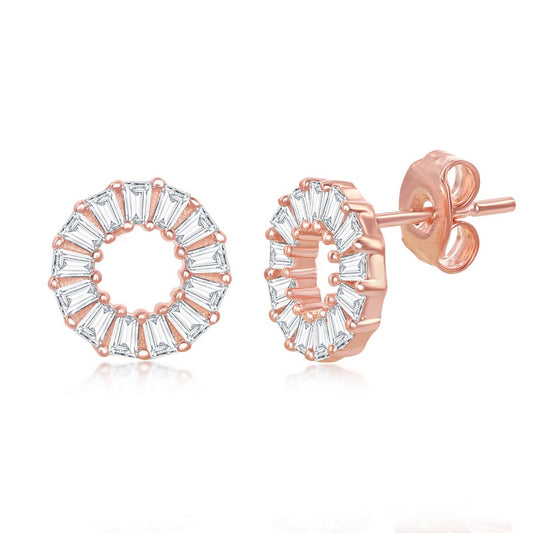 Sterling Silver Open Circle Baguette CZ Stud Earrings - Rose Gold Plated