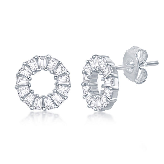 Sterling Silver Open Circle Baguette CZ Stud Earrings