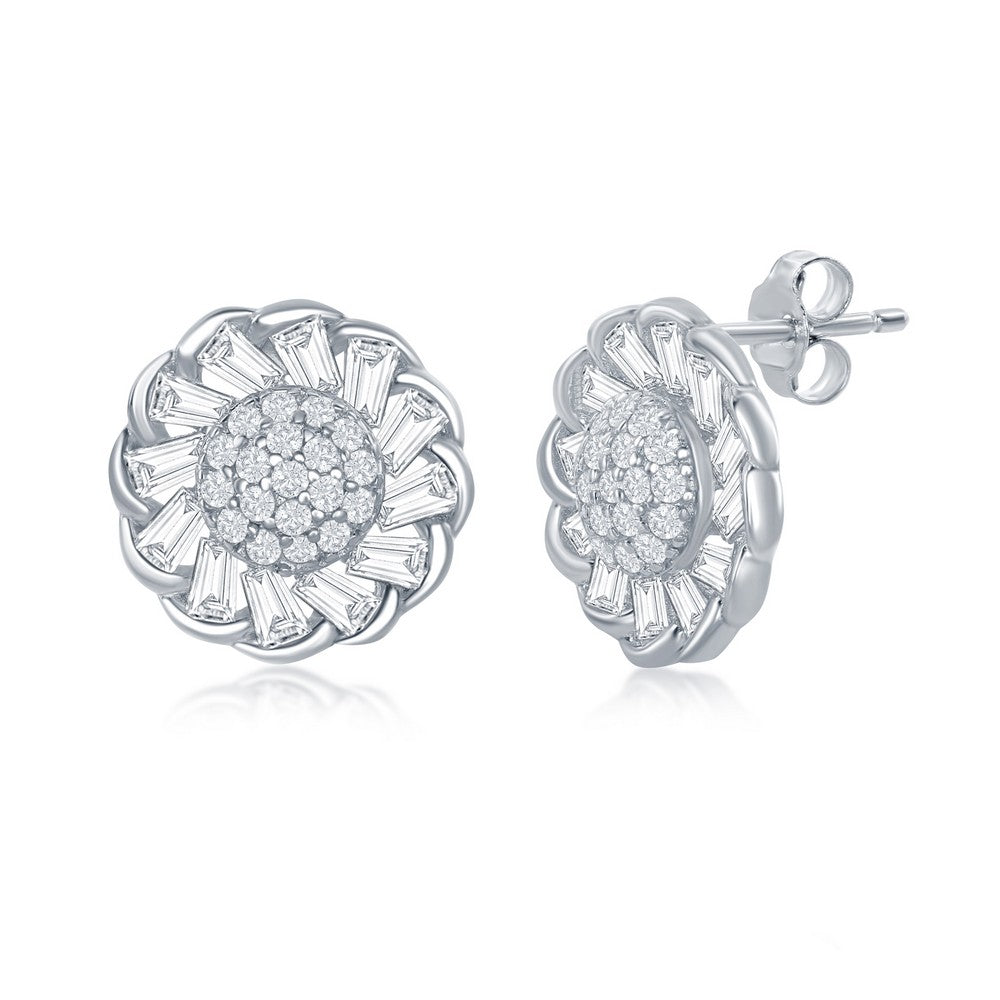 Sterling Silver Micro Pave Center & Baguette CZ Border Flower Design Stud Earrings