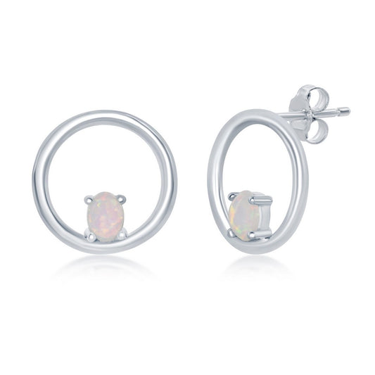 Sterling Silver Open Circle with Four-Prong White Opal Stud Earrings