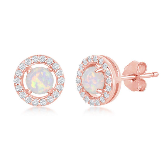 Sterling Silver Four-Prong White Opal with CZ Halo Round Stud Earrings - Rose Gold Plated