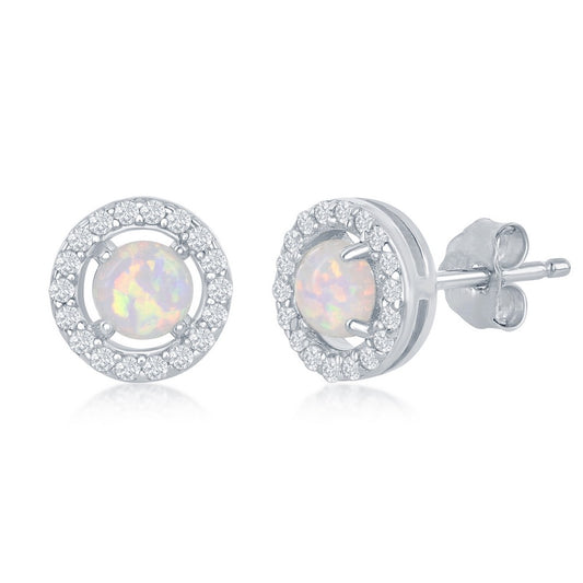 Sterling Silver Four-Prong White Opal with CZ Halo Round Stud Earrings