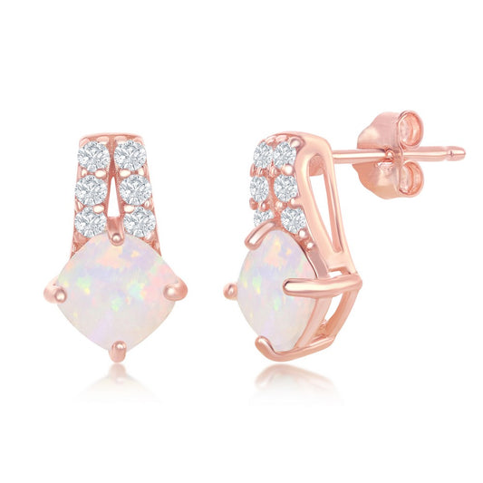 Sterling Silver Double Row CZ Four-Prong Diamond-Shaped White Opal Earrings - Rose Gold Plated