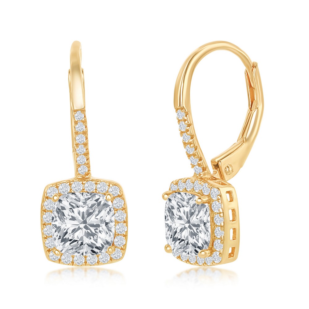 Sterling Silver Cushion-Cut CZ with CZ Border Dangling Earrings - Gold Plated