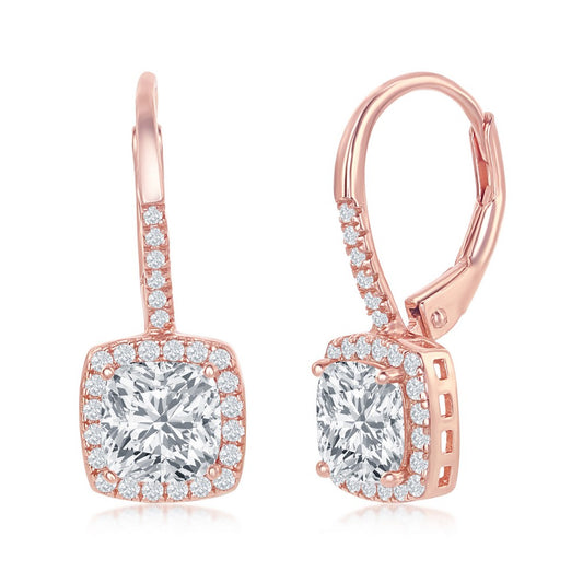 Sterling Silver Cushion-Cut CZ with CZ Border Dangling Earrings - Rose Gold Plated