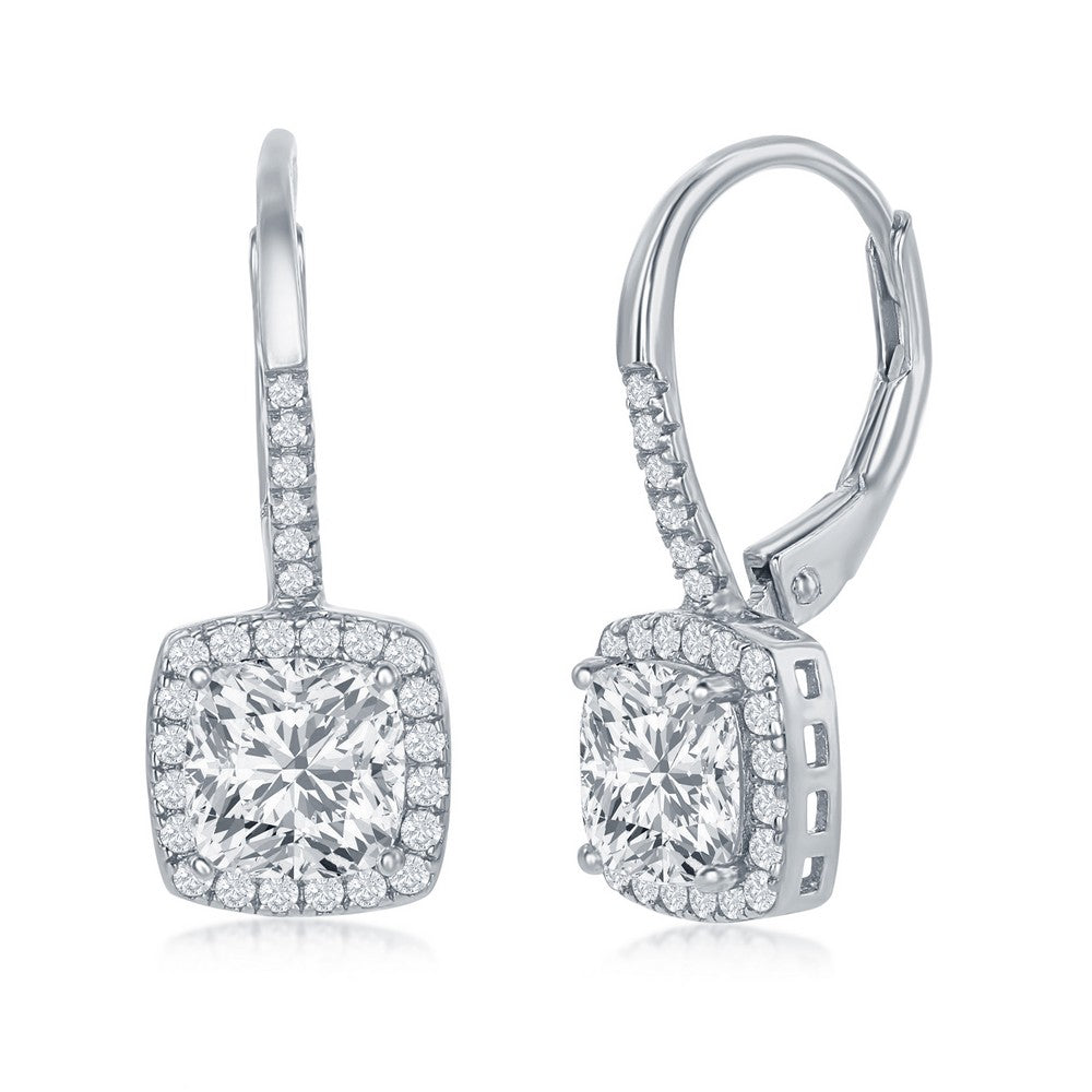 Sterling Silver Cushion-Cut CZ with CZ Border Dangling Earrings