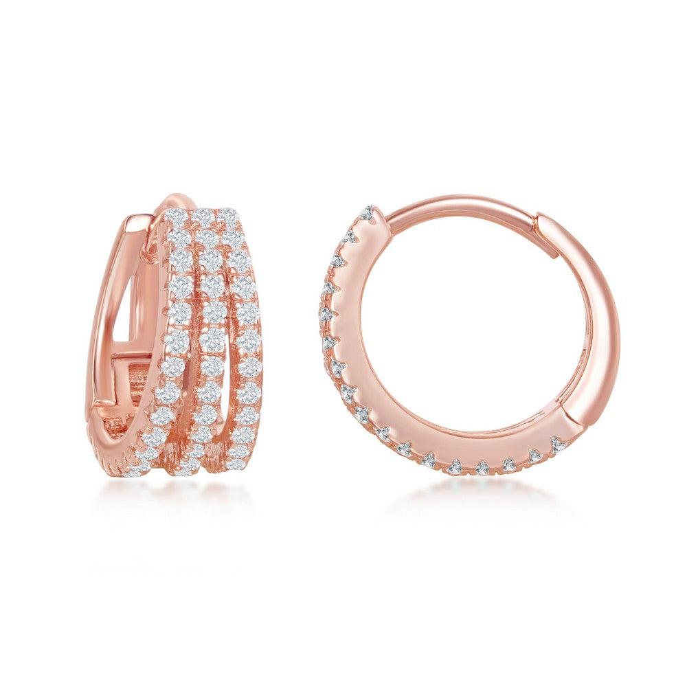 Sterling Silver Triple Row CZ Small Hoop Earrings - Rose Gold Plated