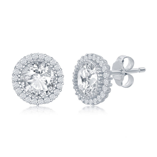 Sterling Silver 10mm Round CZ with Halo Stud Earrings