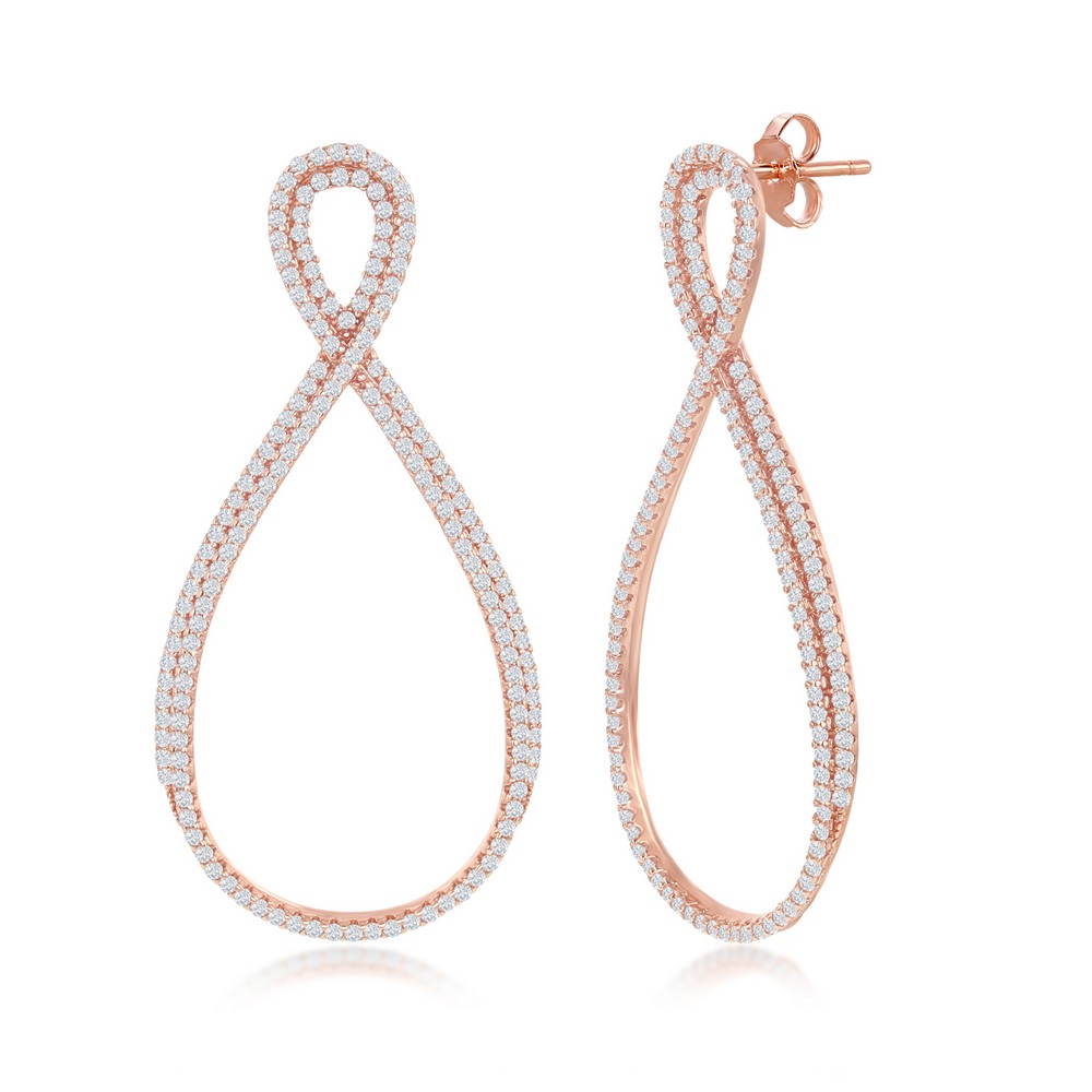 Sterling Silver Open Pearshaped Infinity Design Micro Pave Earrings - Rose Gold Plated