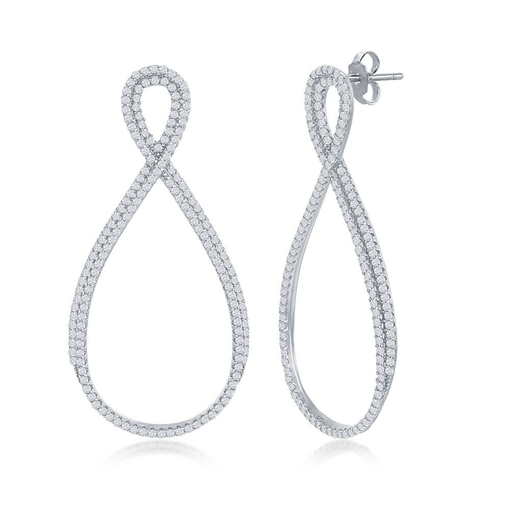 Sterling Silver Open Pearshaped Infinity Design Micro Pave Statement Earrings
