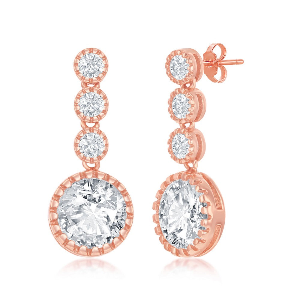 Sterling Silver Round CZ Dangling Earrings - Rose Gold Plated
