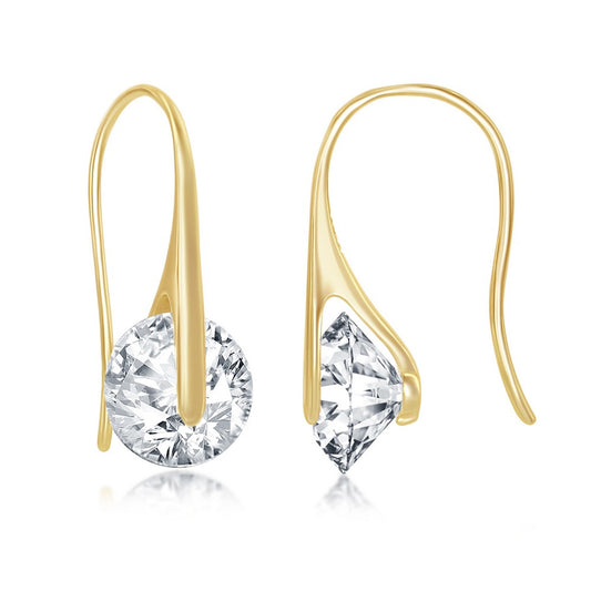 Sterling Silver Spinning Round CZ Frenchwire Earrings - Gold Plated