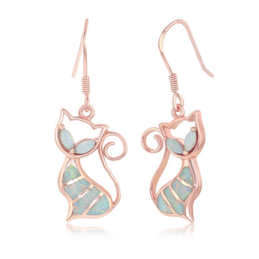 Sterling Silver White Inlay Opal Cat Earrings - Rose Gold Plated