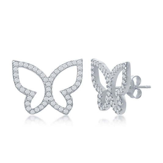 Sterling Silver Open Butterfly CZ Stud Earrings